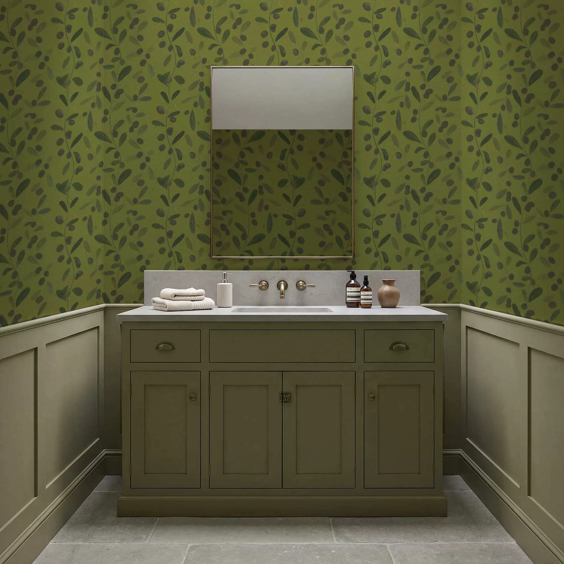 Fotobehang Groene takken met bladeren en bessen op olijfboom a01113