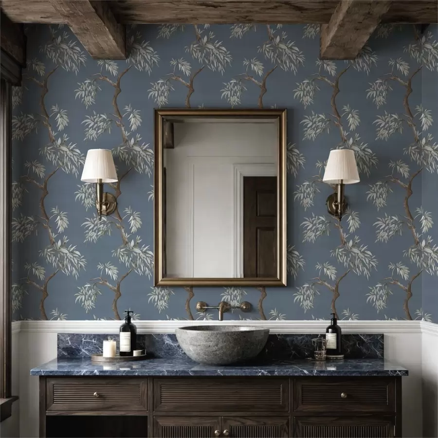 Papier peint photo Branche d'arbre avec feuilles sur fond bleu a01117