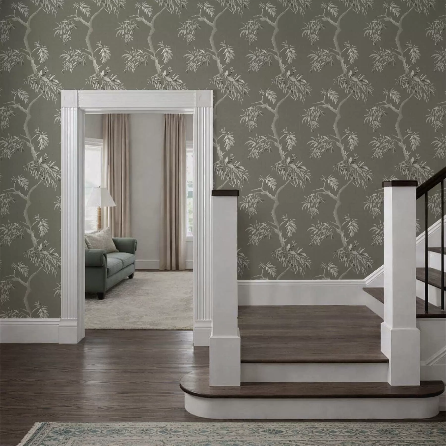 Fotobehang Lichte tak met bladeren op olijfgroene achtergrond a01117v1