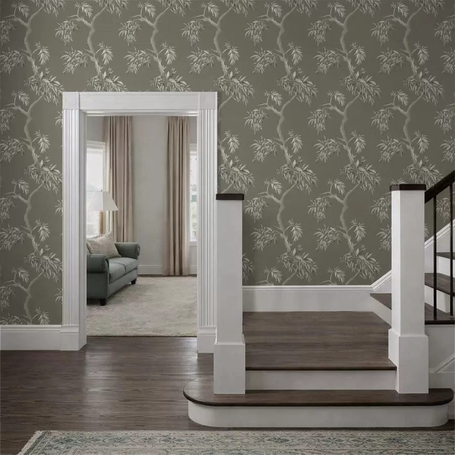 Fotobehang Lichte tak met bladeren op olijfgroene achtergrond a01117v1