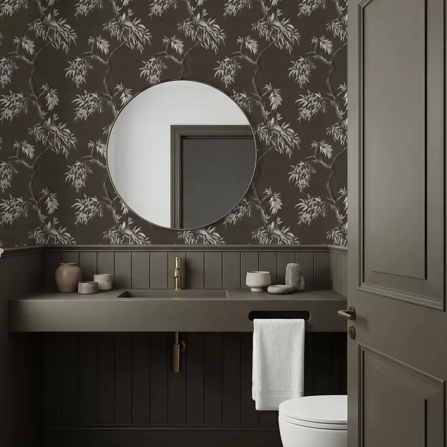 Fotobehang Monochrome tak met bladeren op donkere achtergrond a01117v2