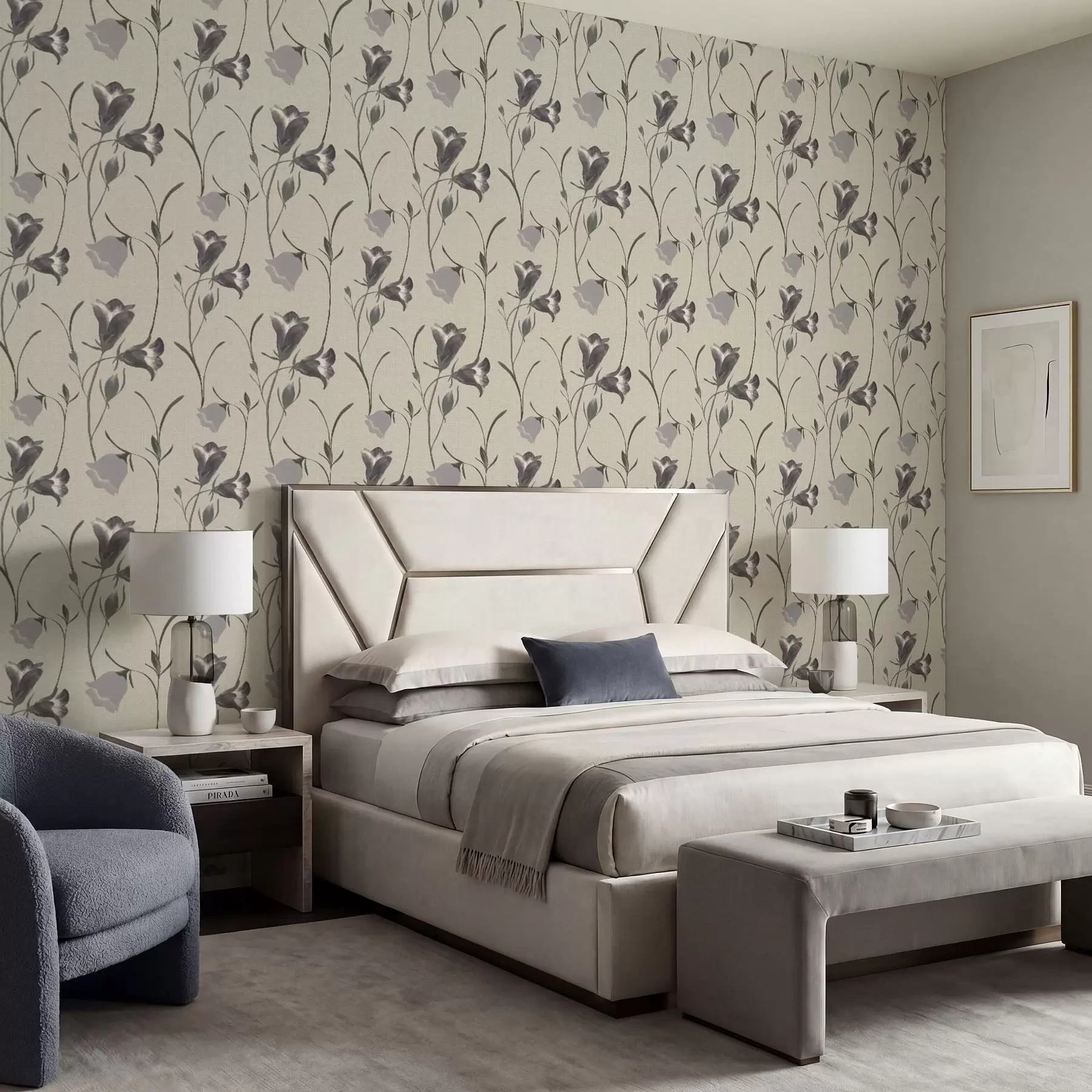 Fotobehang Grijze klokjesbloemen op lichtbeige achtergrond a01119