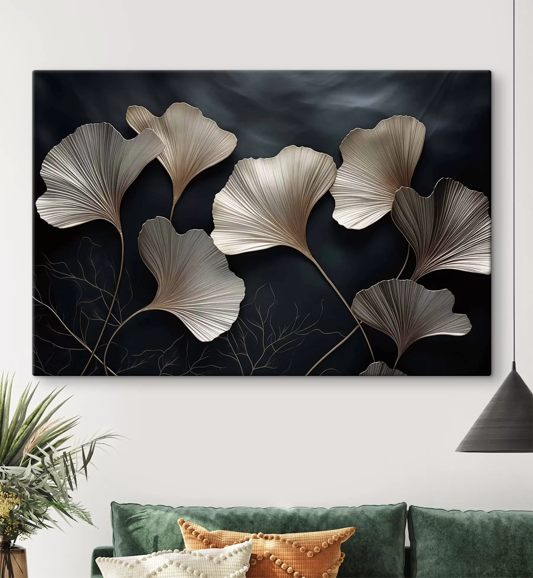  Peintures Feuilles de ginkgo sur fond sombre s48008