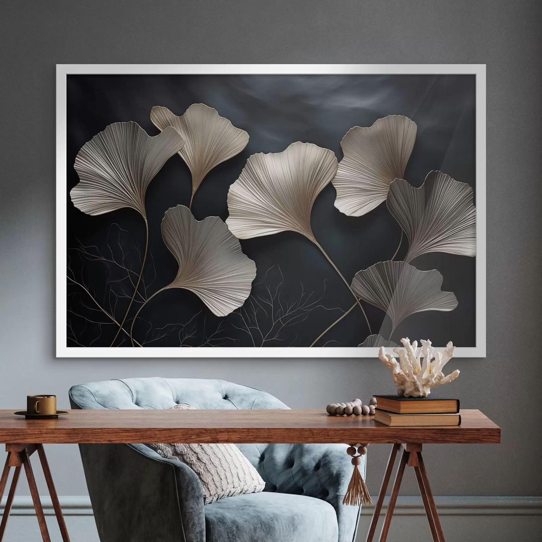 Fotobehang Ginkgobladeren op een donkere achtergrond f48008