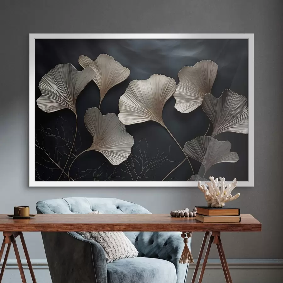 Fotobehang Ginkgobladeren op een donkere achtergrond f48008