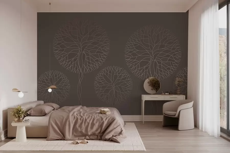 Fotobehang Fantastische lineaire bomen met weelderige kronen in elegante mokka-tinten w05213v1