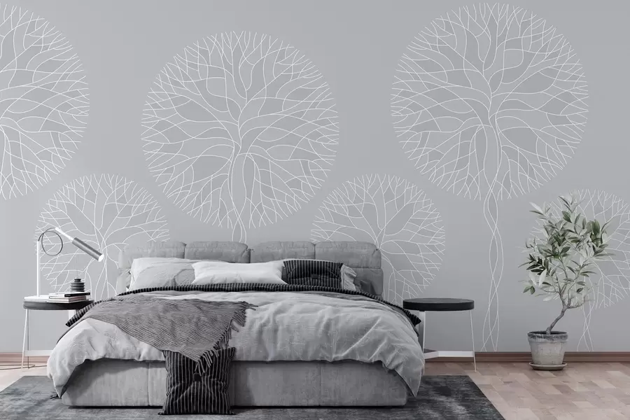 Fotobehang Fantastische lineaire bomen met weelderige kronen in lichtgrijze tinten w05213v4