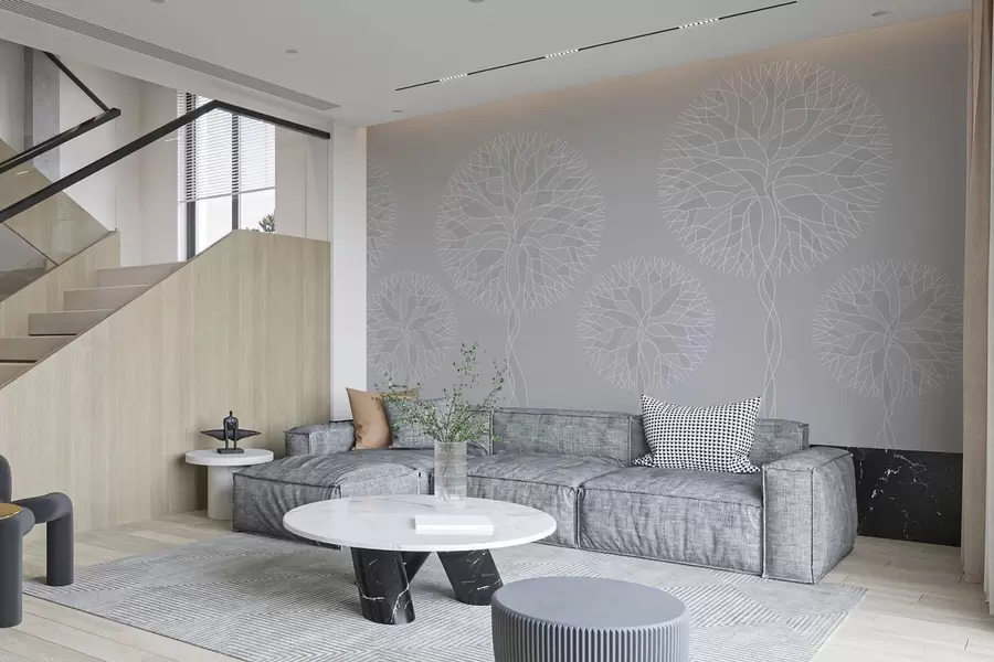 Fotobehang Fantastische lineaire bomen met weelderige kronen in lichtgrijze tinten w05213v4