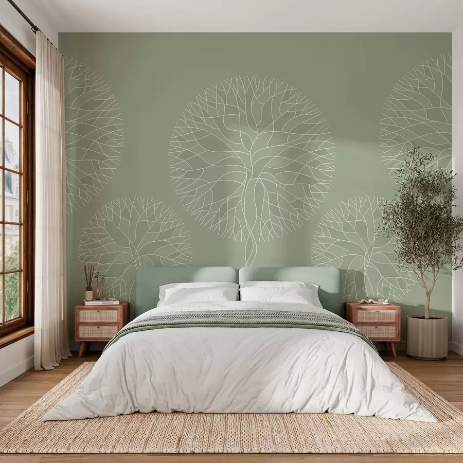 Fotobehang Fantastische lineaire bomen met weelderige kronen in lichtgroene tinten w05213v6