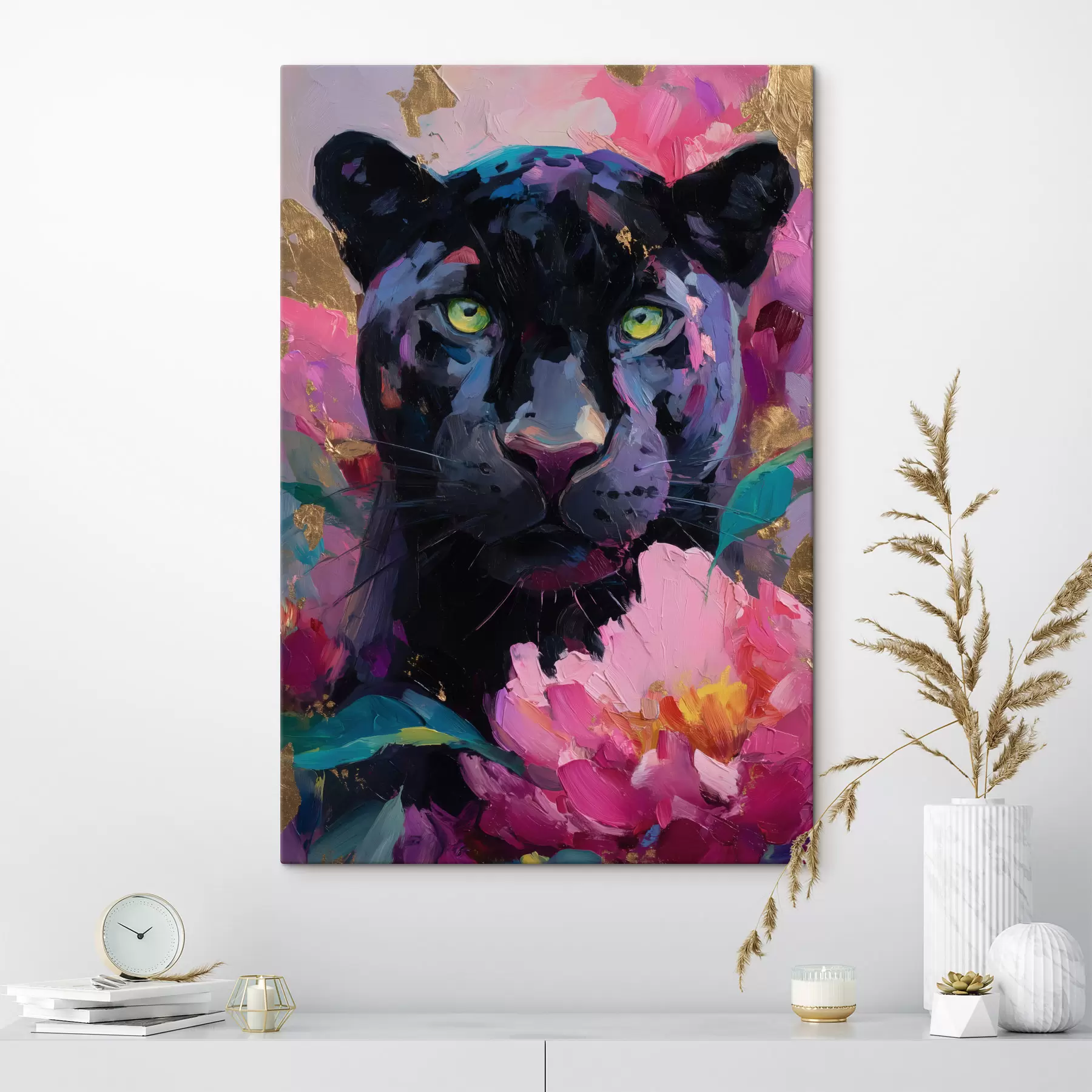  Peintures panthère noire parmi les pivoines s47935