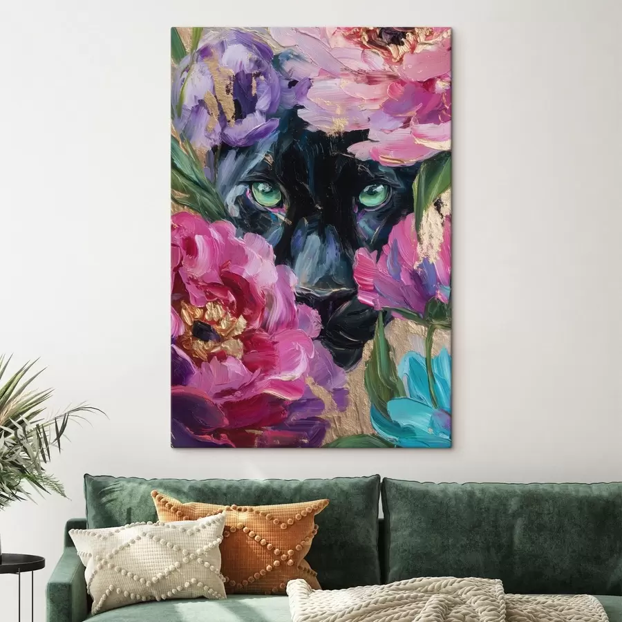  Peintures une panthère noire jette un œil parmi les pivoines s47936