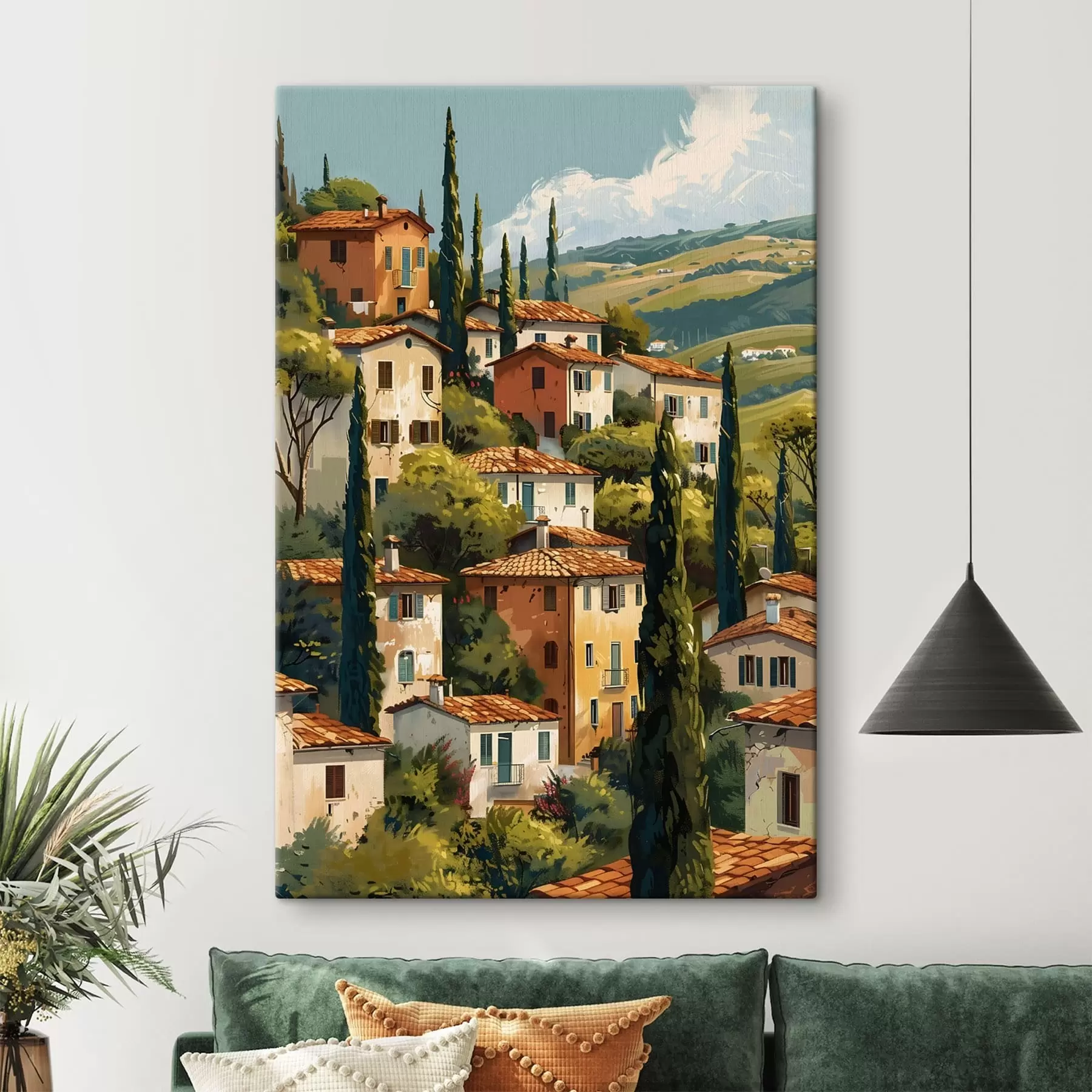  Peintures village méditerranéen à flanc de colline, maisons aux tons chauds empilées les unes sur les autres avec des toits en terre cuite s47950