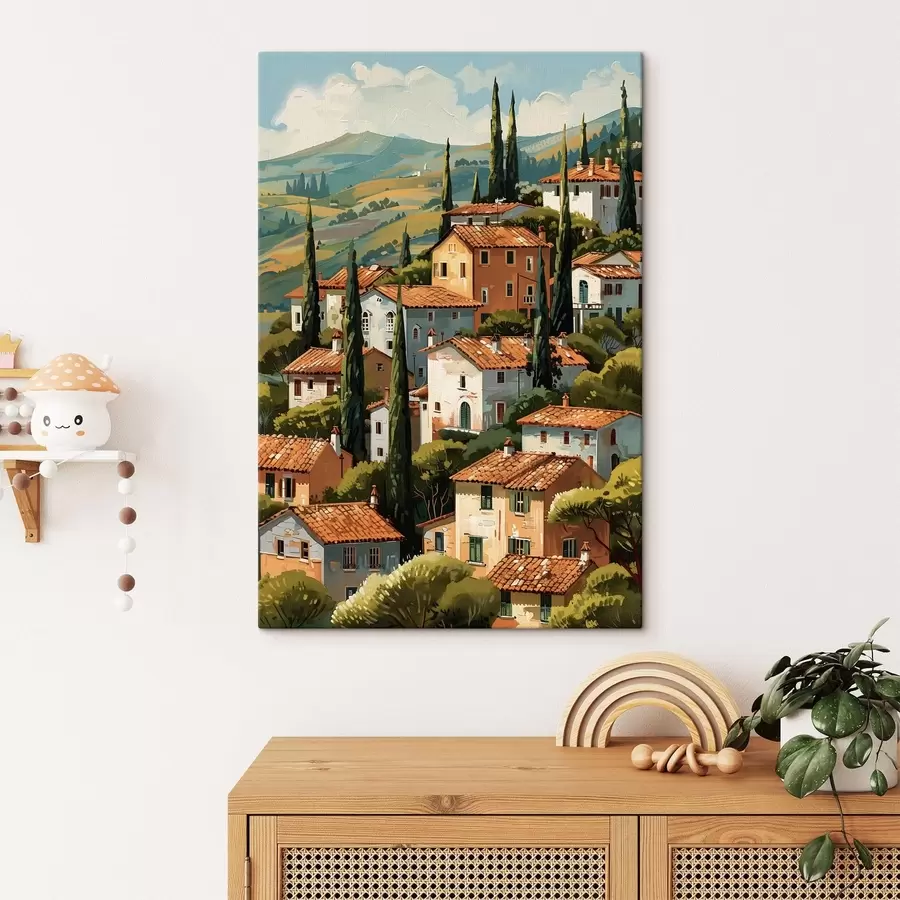  Peintures village méditerranéen à flanc de colline, maisons aux tons chauds empilées les unes sur les autres avec des toits en terre cuite s47951