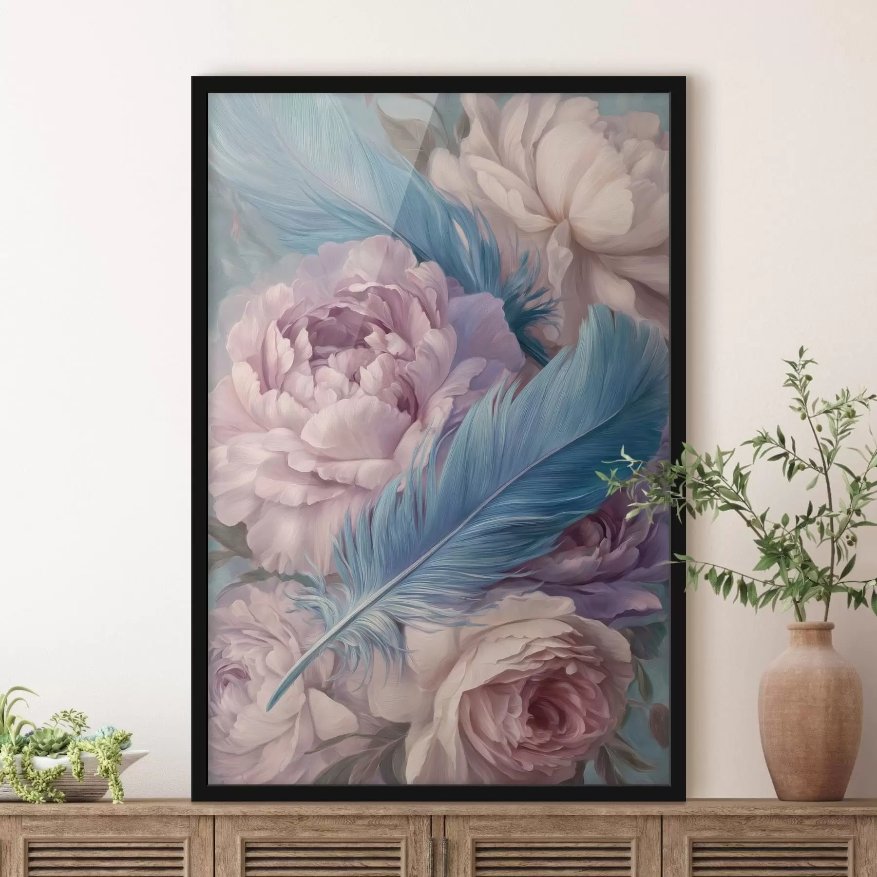 Papier peint photo plumes parmi les pivoines f47940