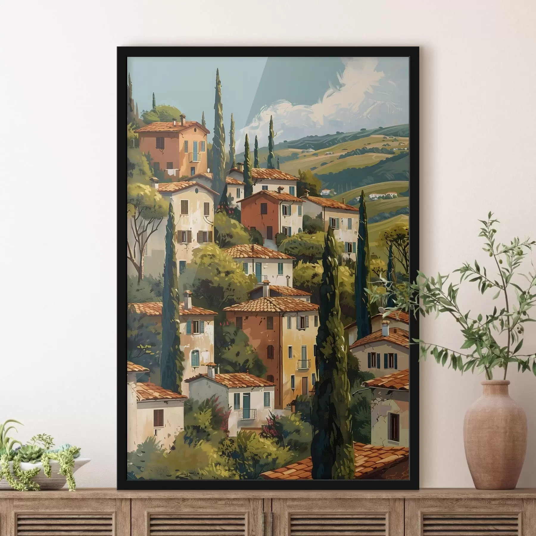 Papier peint photo village méditerranéen à flanc de colline, maisons aux tons chauds empilées les unes sur les autres avec des toits en terre cuite f47950