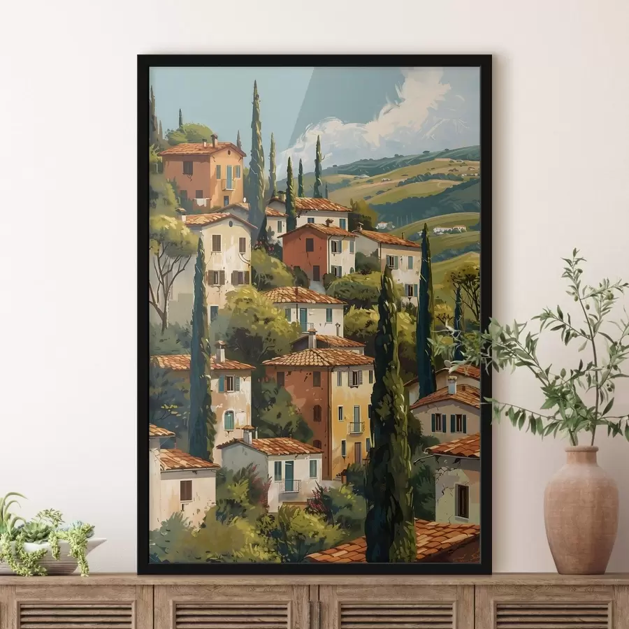 Papier peint photo village méditerranéen à flanc de colline, maisons aux tons chauds empilées les unes sur les autres avec des toits en terre cuite f47950