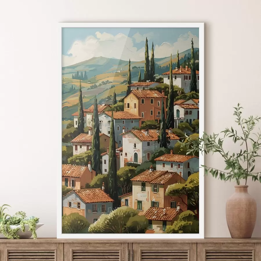 Papier peint photo village méditerranéen à flanc de colline, maisons aux tons chauds empilées les unes sur les autres avec des toits en terre cuite f47951