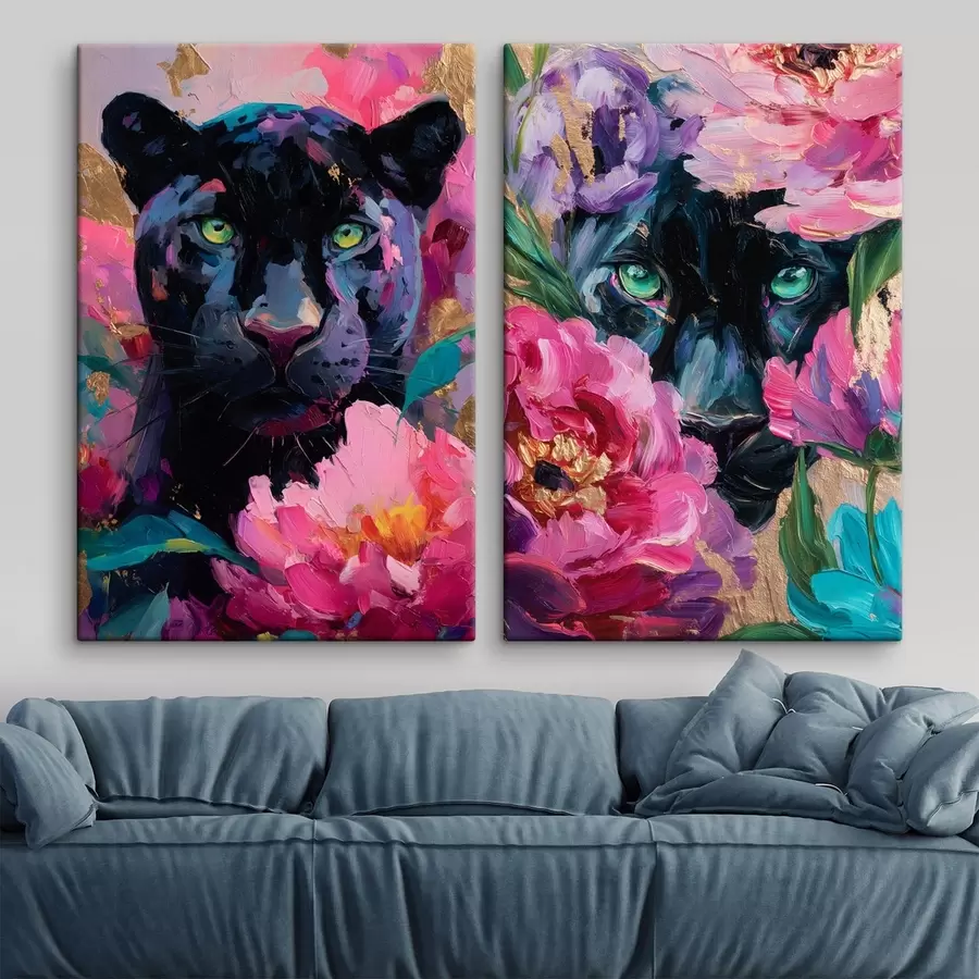  Peintures panthère noire parmi les pivoines m30090