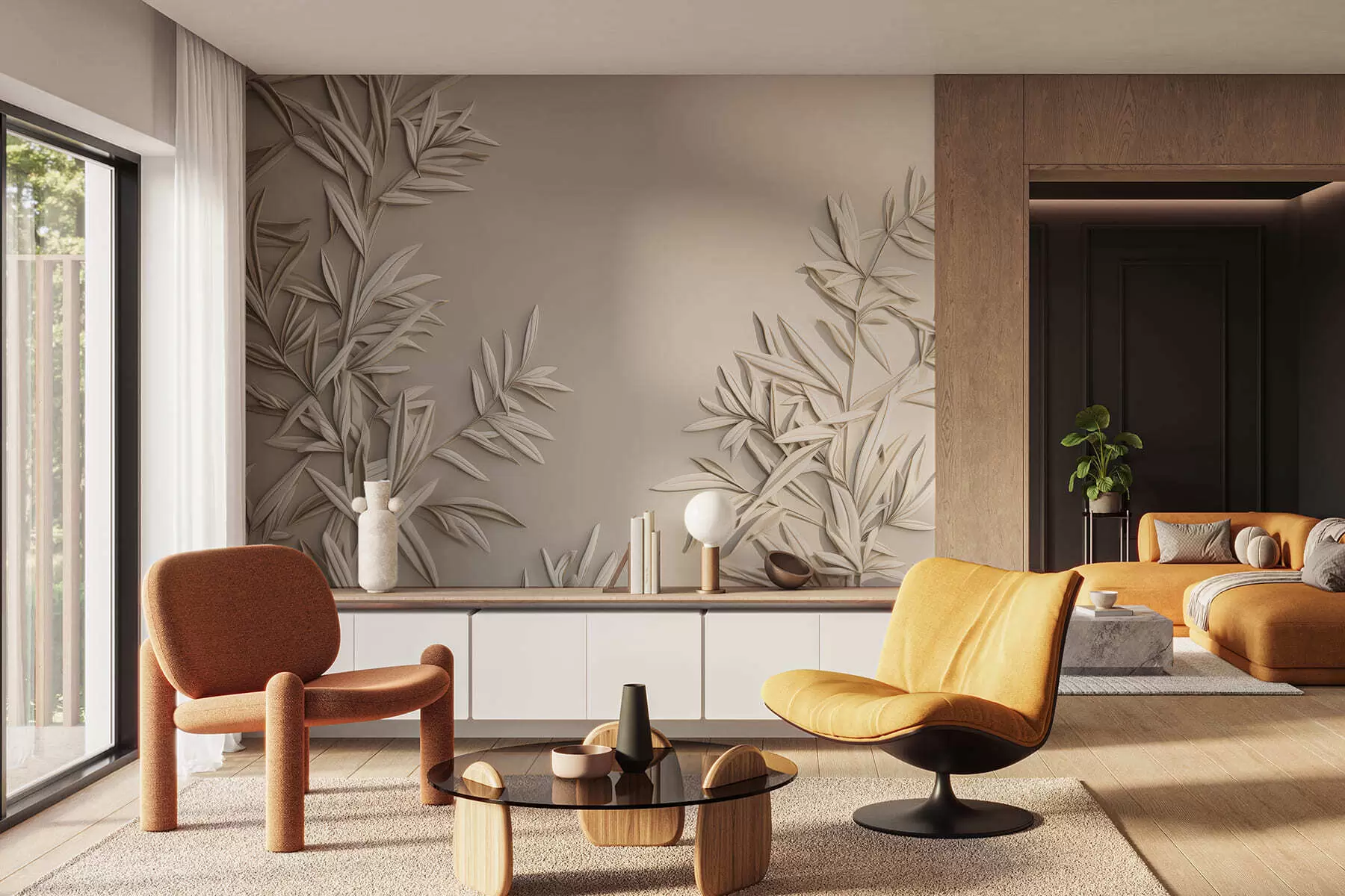 Fotobehang Imitatie van bas-reliëfbladeren w05244