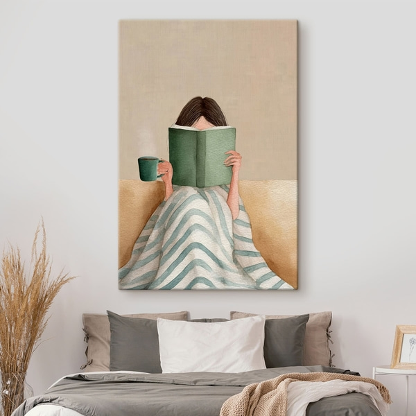 Schilderijen zachte aquarelillustratie van een vrouw die op de bank zit en een boek leest, Schilderijen Mensen, s48114 : Uwalls.be