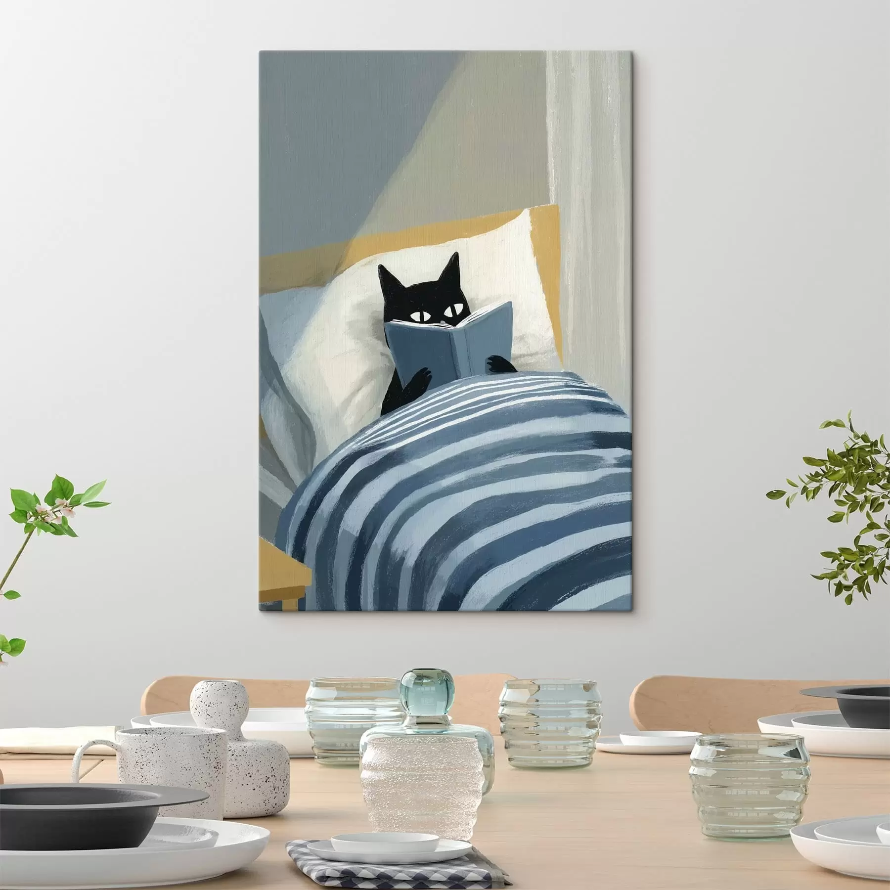  Schilderijen Minimalistische platte illustratie van een zwarte kat die een boek leest in bed. s48117