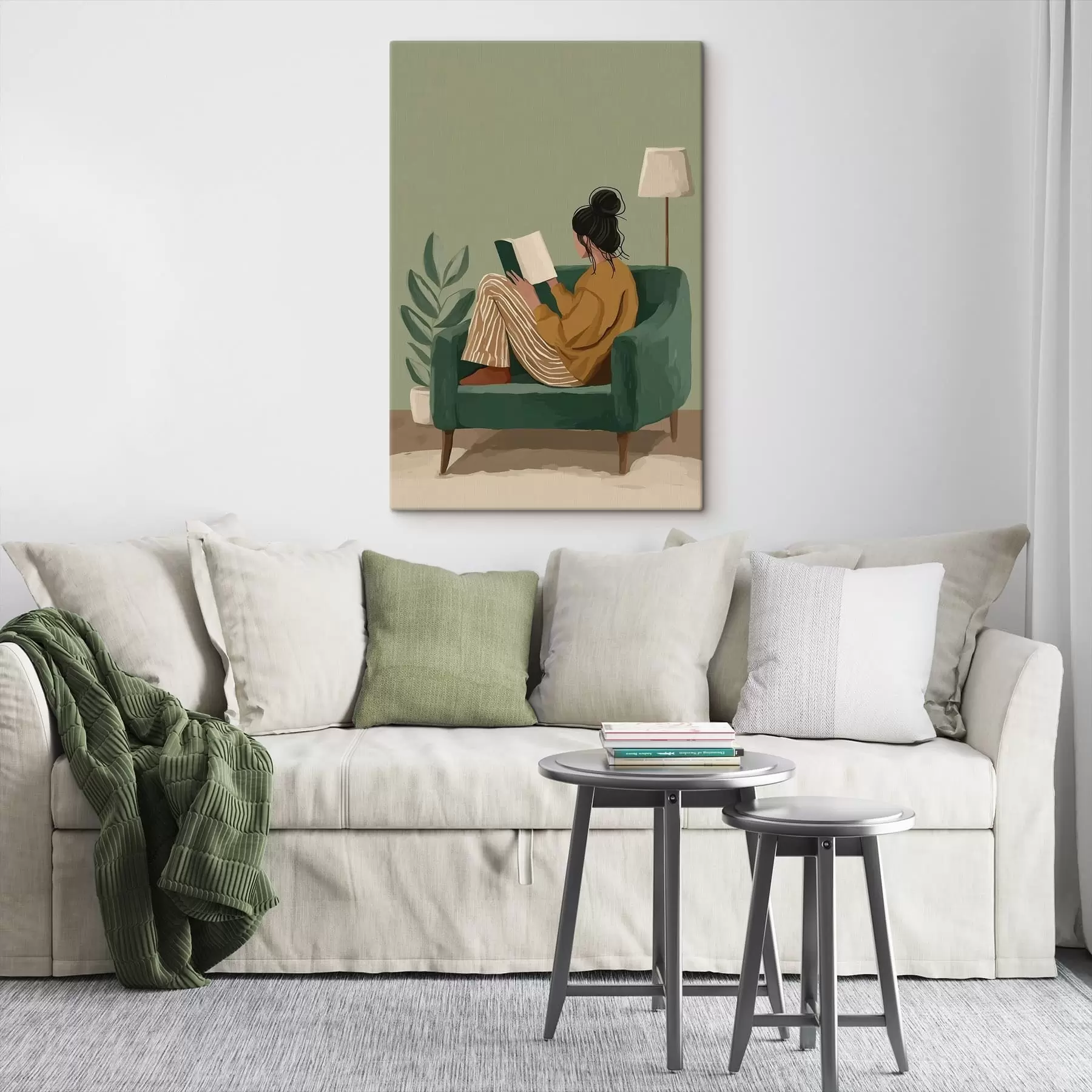  Schilderijen Minimalistische, gezellige illustratie van een vrouw die in een fauteuil zit te lezen. s48118