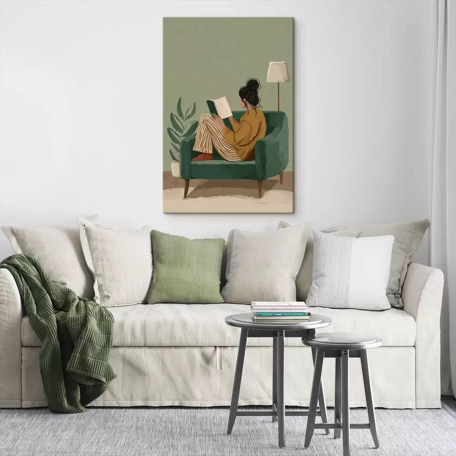  Schilderijen Minimalistische, gezellige illustratie van een vrouw die in een fauteuil zit te lezen. s48118
