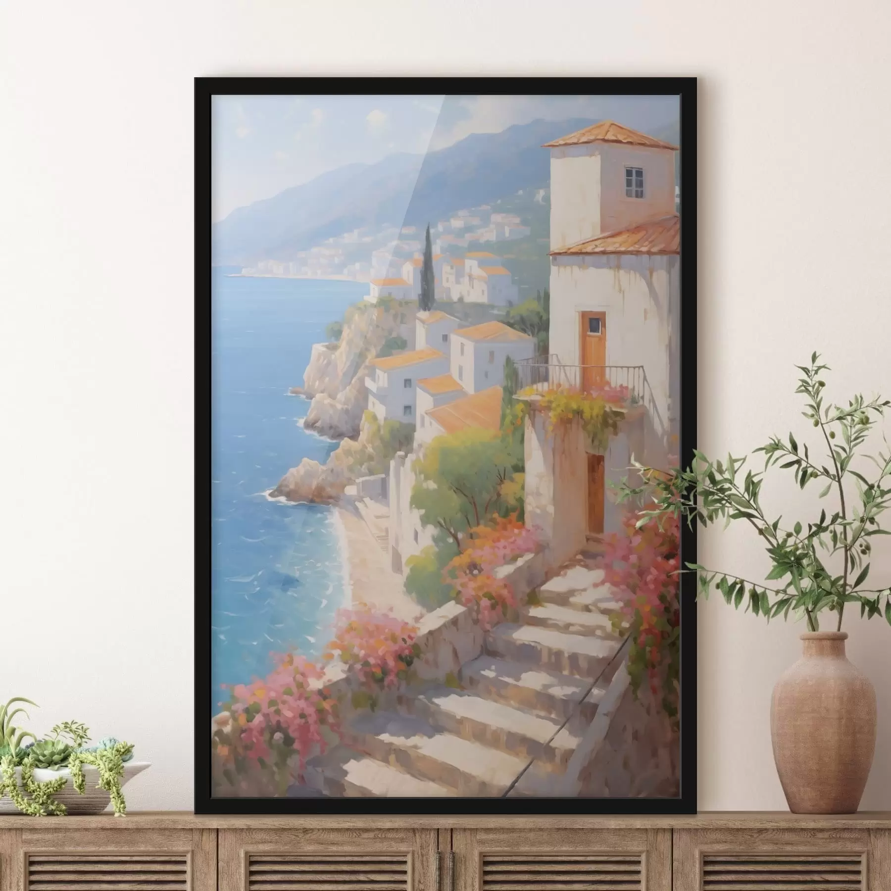 Fotobehang impressionistisch dorpje aan een mediterrane klif f48060