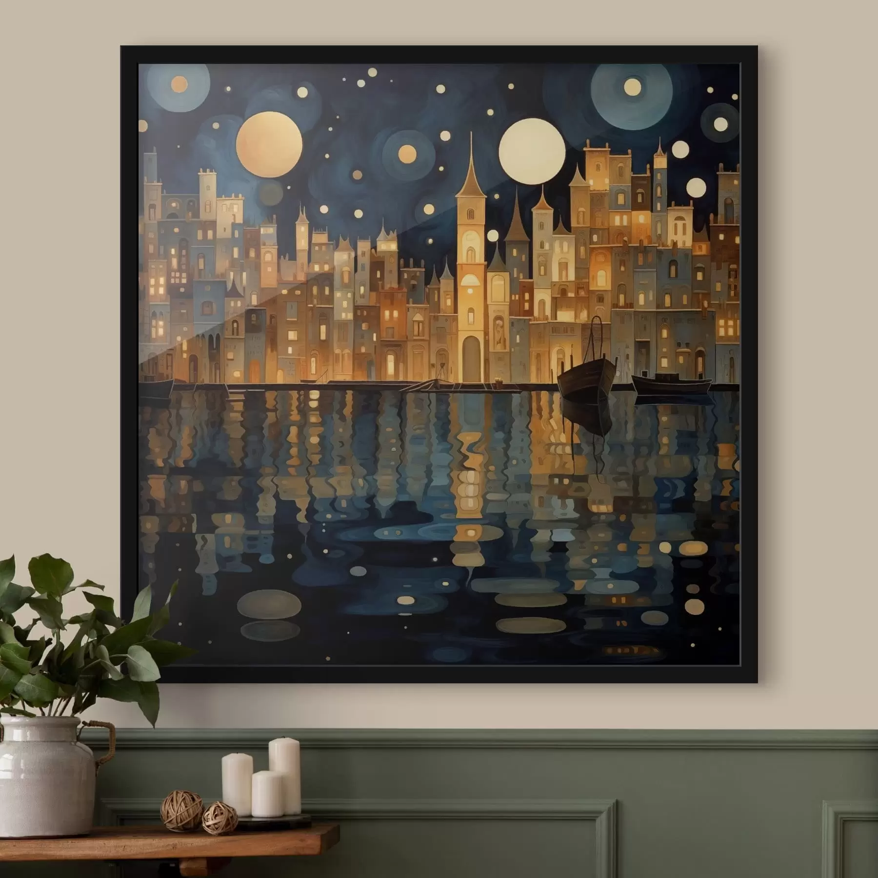 Papier peint photo ville nocturne fantaisiste au bord de l'eau f48063