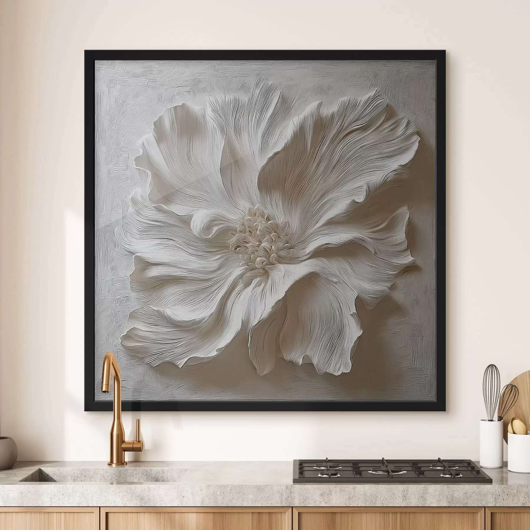 Fotobehang witte gipsen reliëf bloemensculptuur f48065
