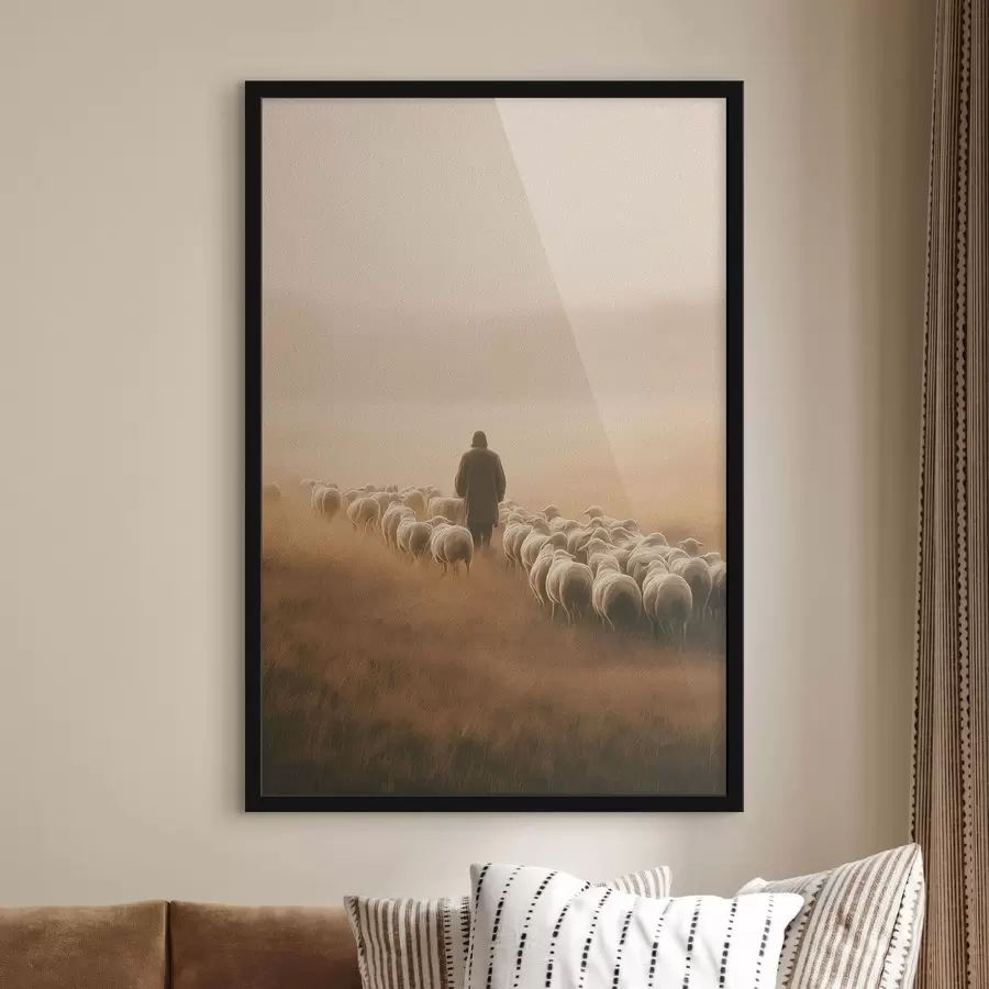 Papier peint photo berger marchant avec son troupeau de moutons dans un champ f48077