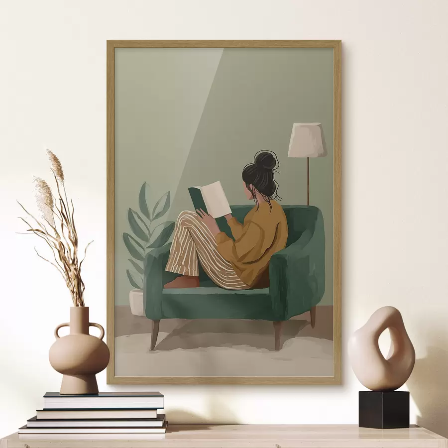 Fotobehang Minimalistische, gezellige illustratie van een vrouw die in een fauteuil zit te lezen. f48118