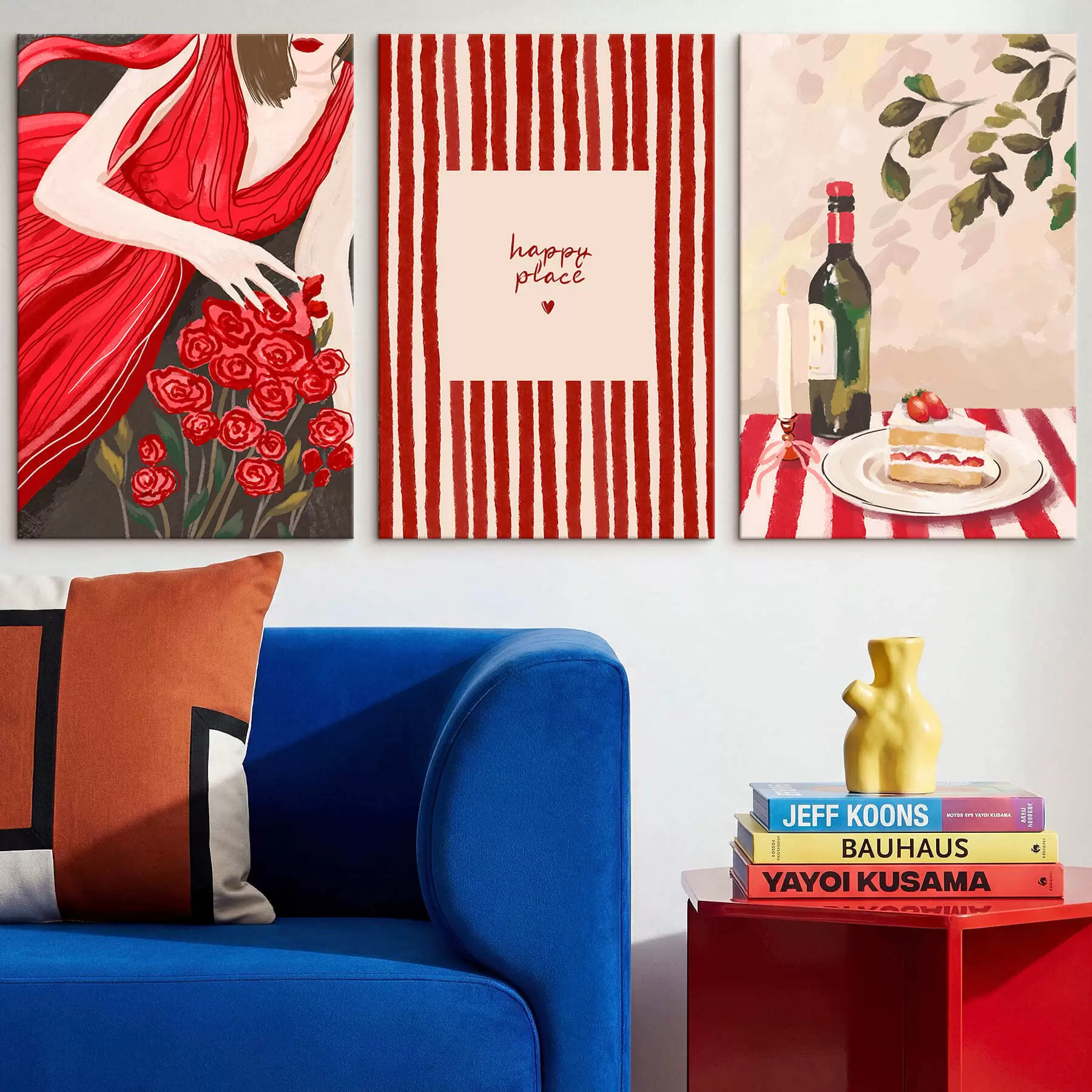  Schilderijen Vrouw met rozen, gestreepte poster en tafel m30099