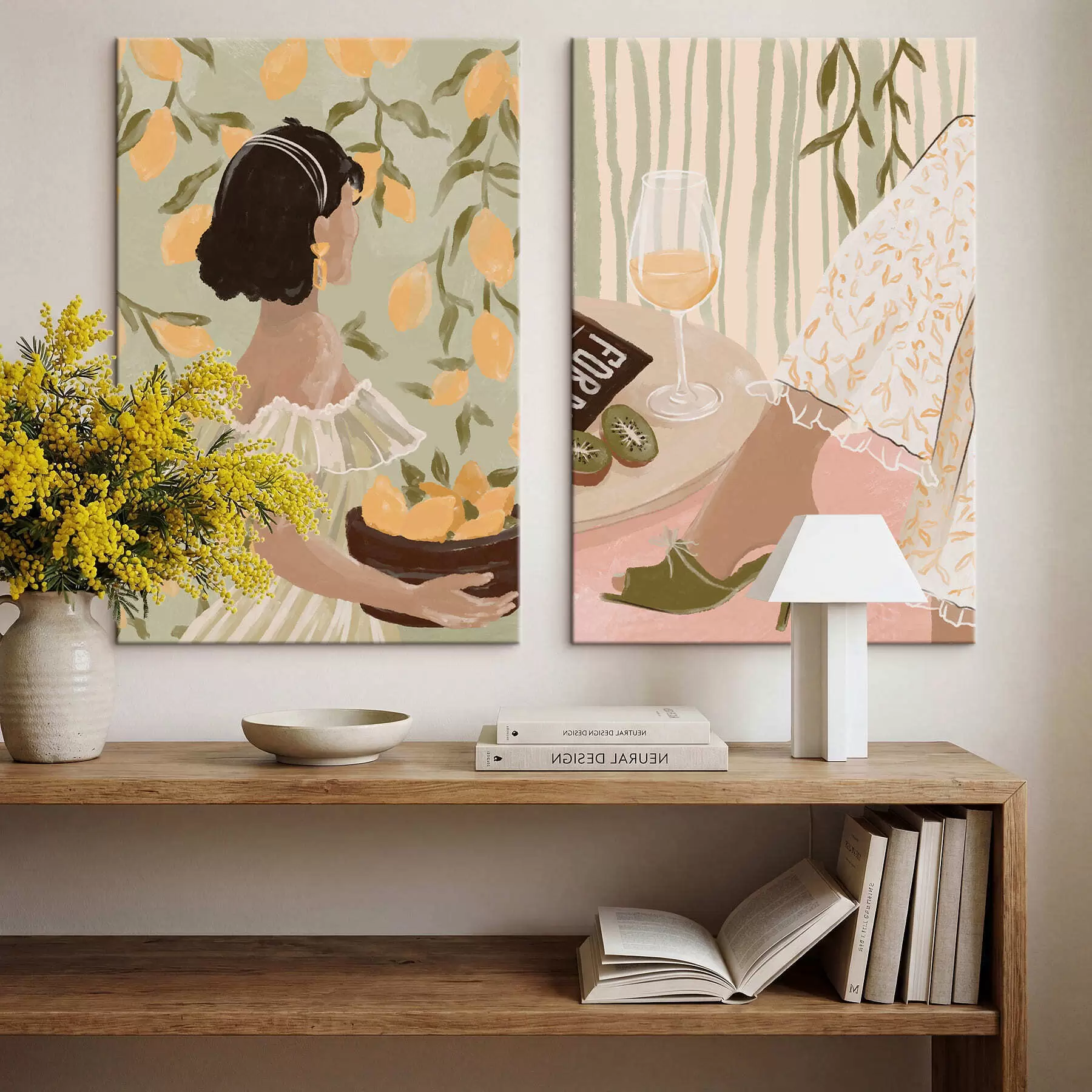  Schilderijen Vrouw met citroenen en tafel met glas m30104