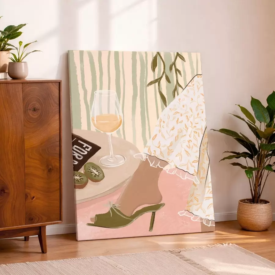  Peintures Table avec verre à vin et kiwi près de la robe s48021