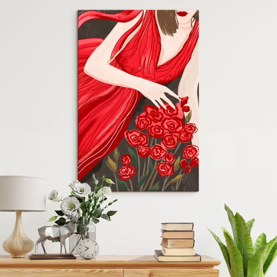  Peintures Femme en robe rouge avec un bouquet de roses s48026