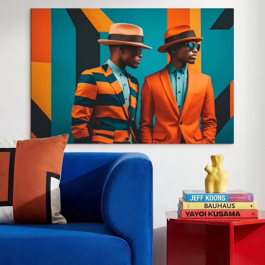  Peintures Deux hommes en costumes et chapeaux colorés s48091