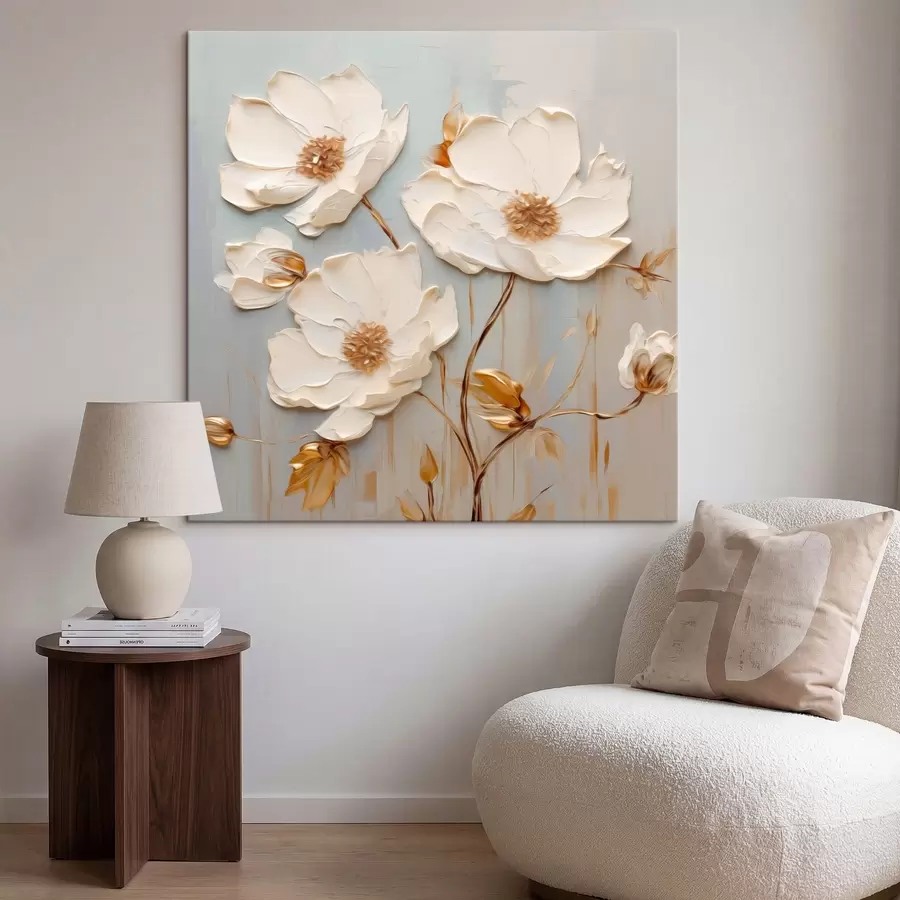  Peintures Fleurs blanches en relief avec des feuilles chaudes s48093