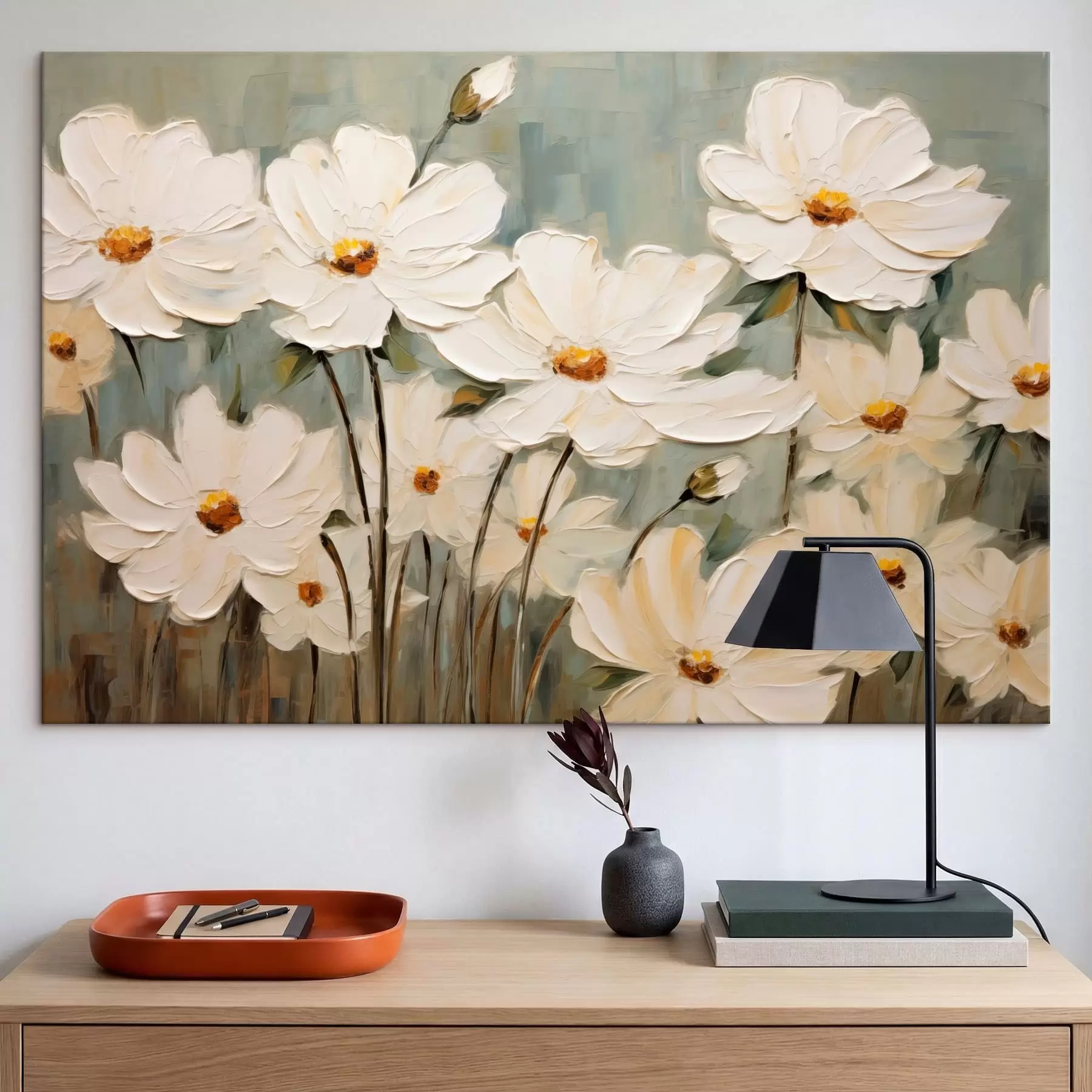  Schilderijen Witte bloemen op gestructureerde achtergrond, penseelstreken s48094