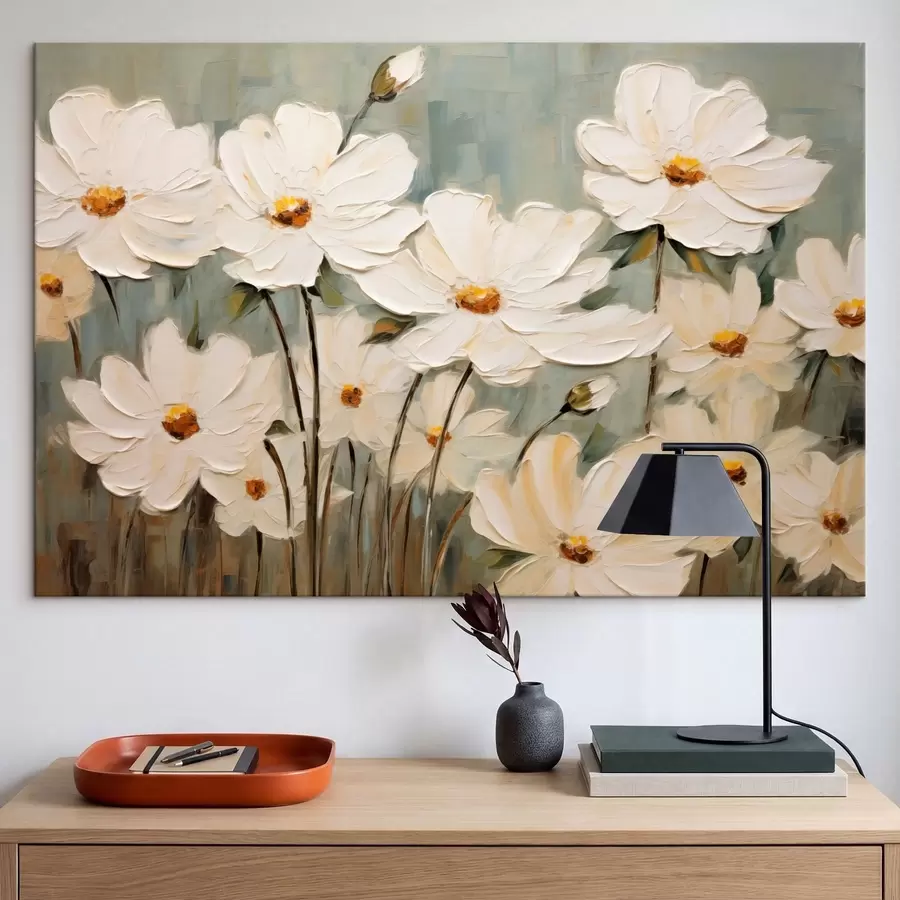  Peintures Fleurs blanches sur fond texturé, coups de pinceau s48094