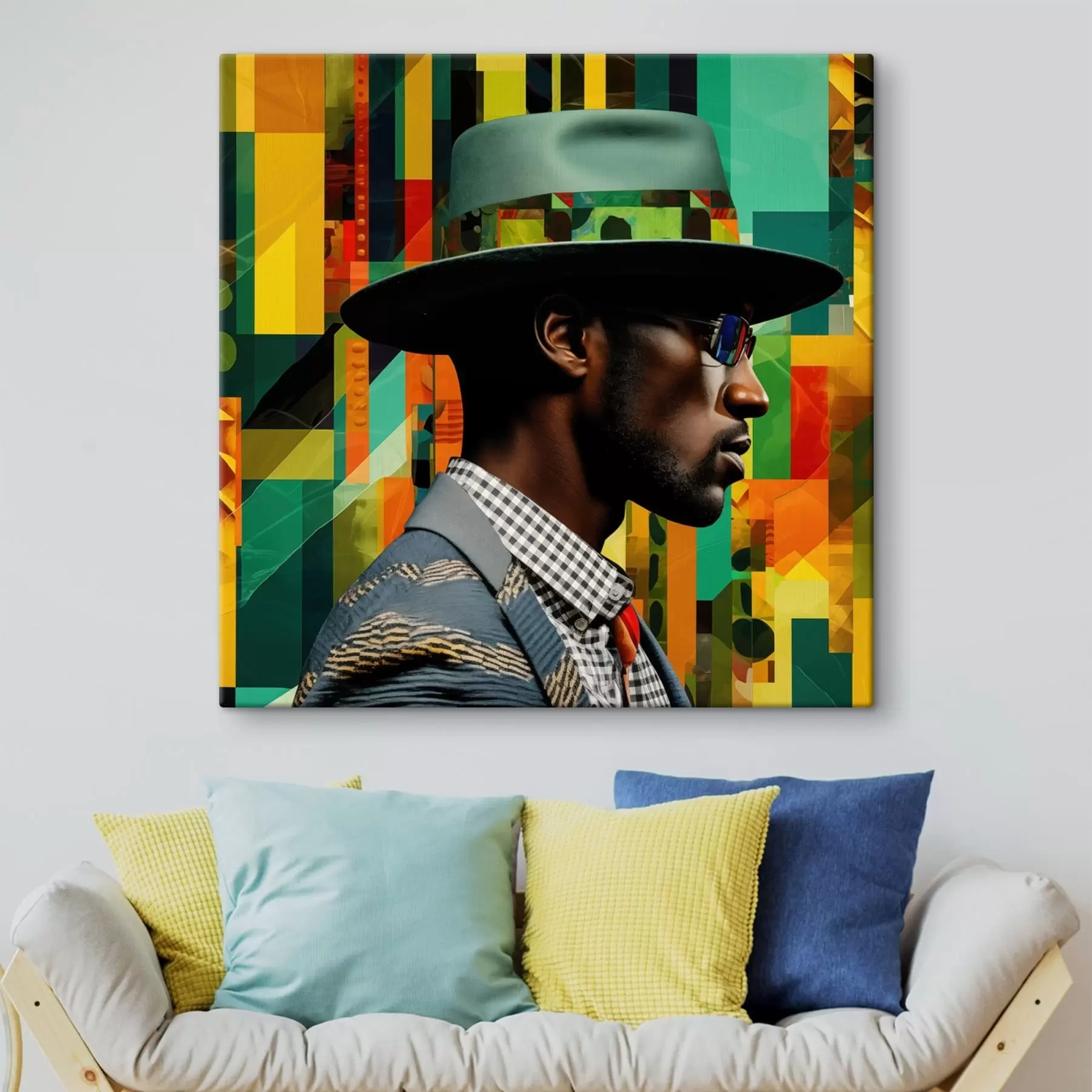  Schilderijen Portret van een man met hoed tegen een levendige achtergrond s48100