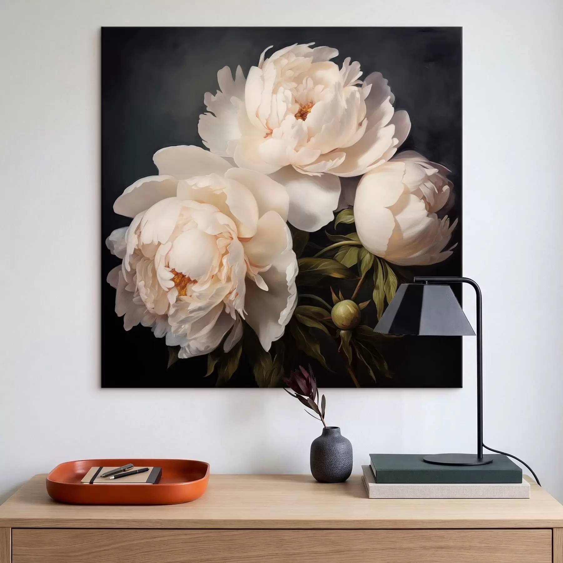  Peintures Pivoines blanches sur fond sombre s48101