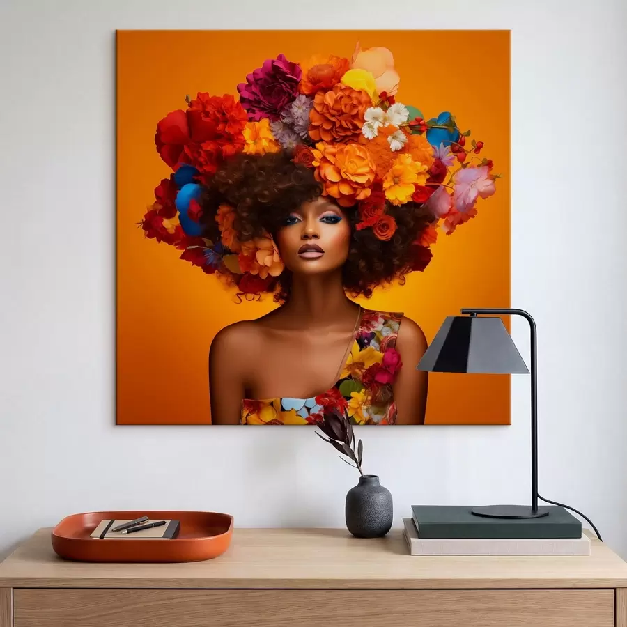 Fotobehang Vrouw met bloemenhoofddeksel op oranje achtergrond s48102