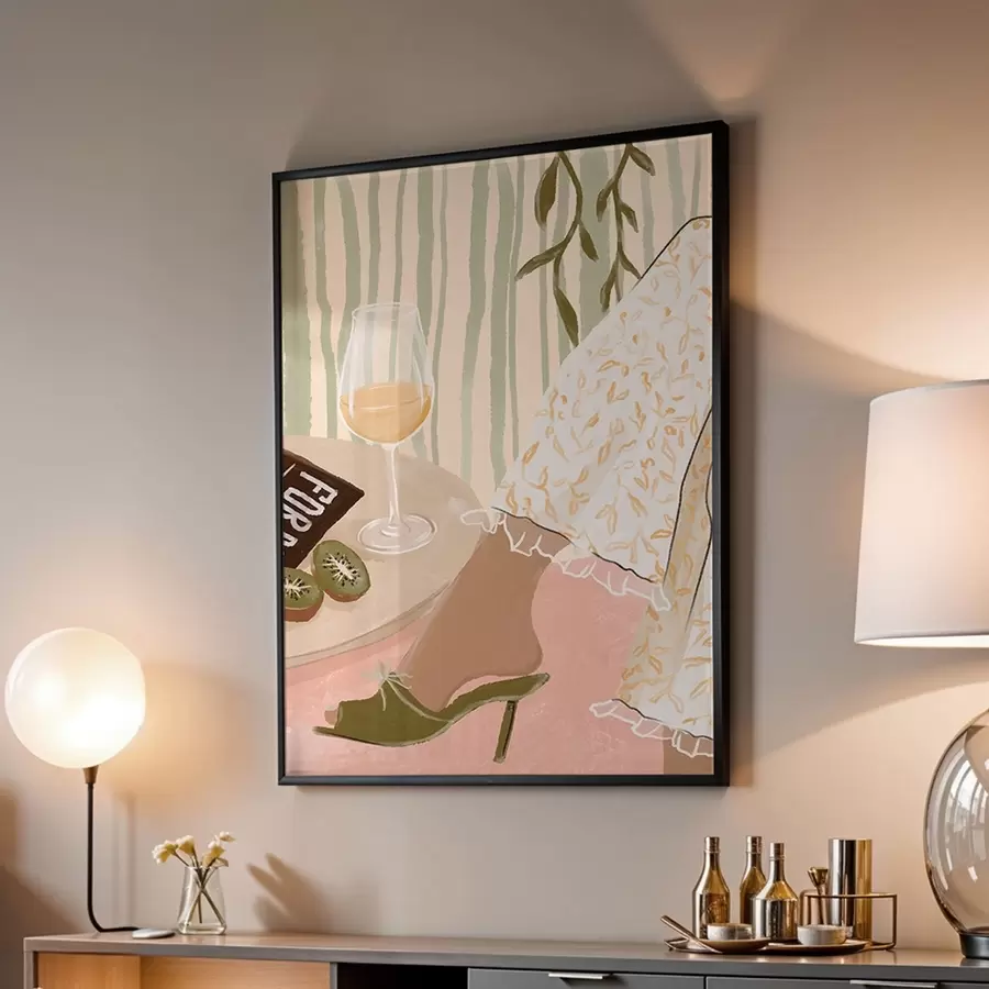 Papier peint photo Table avec verre à vin et kiwi près de la robe f48021