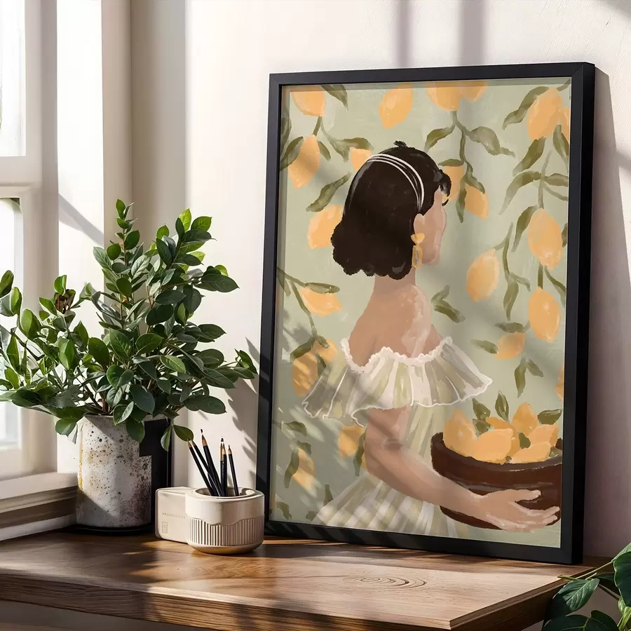 Papier peint photo Femme tenant un bol de citrons par les branches f48023