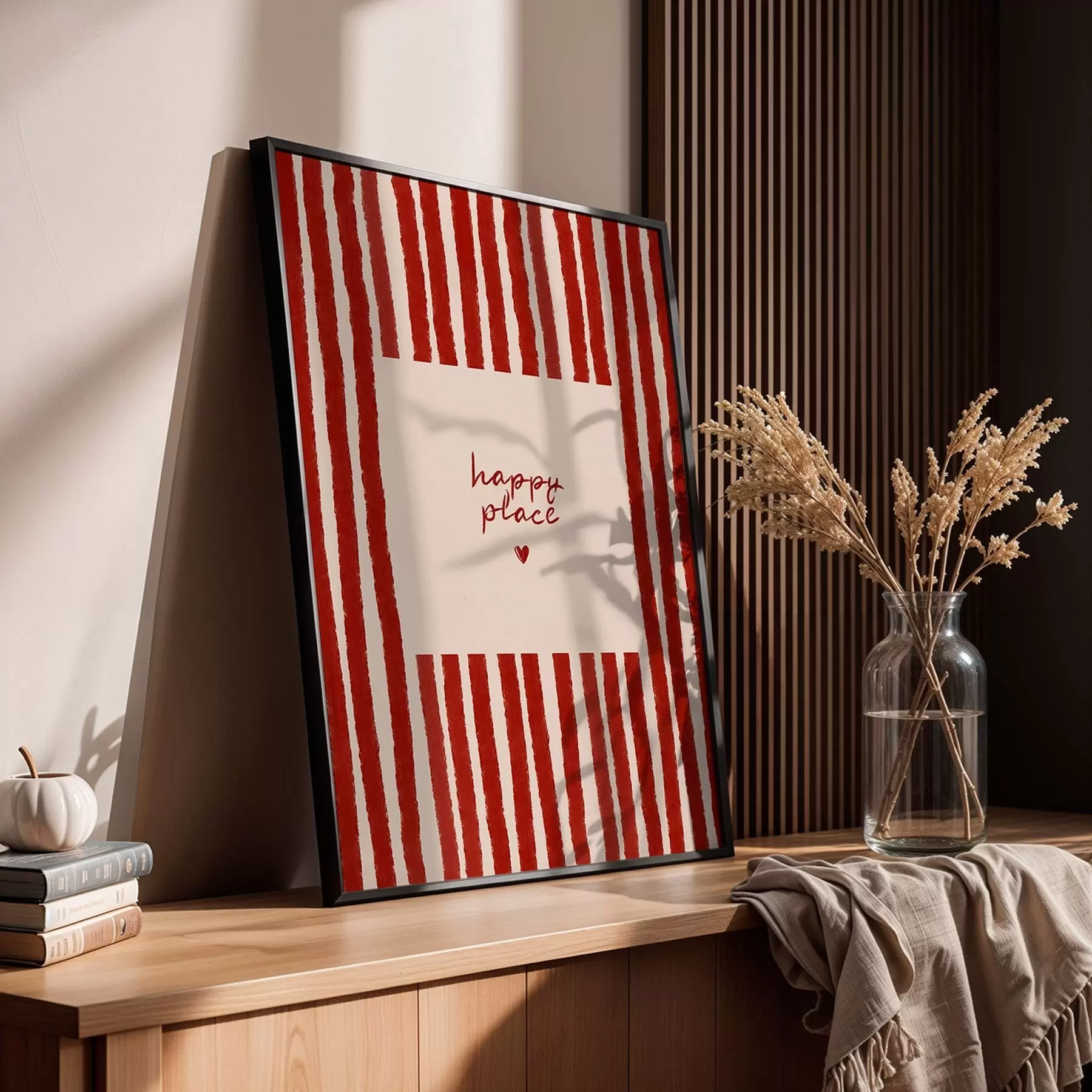 Fotobehang Rode strepen met tekst 'happy place' f48025