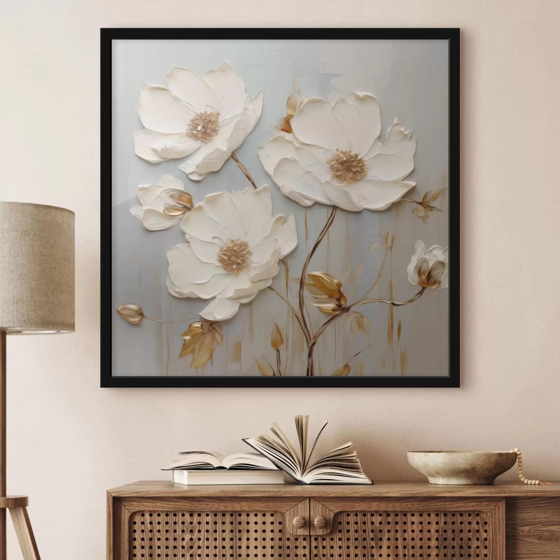 Papier peint photo Fleurs blanches en relief avec des feuilles chaudes f48093