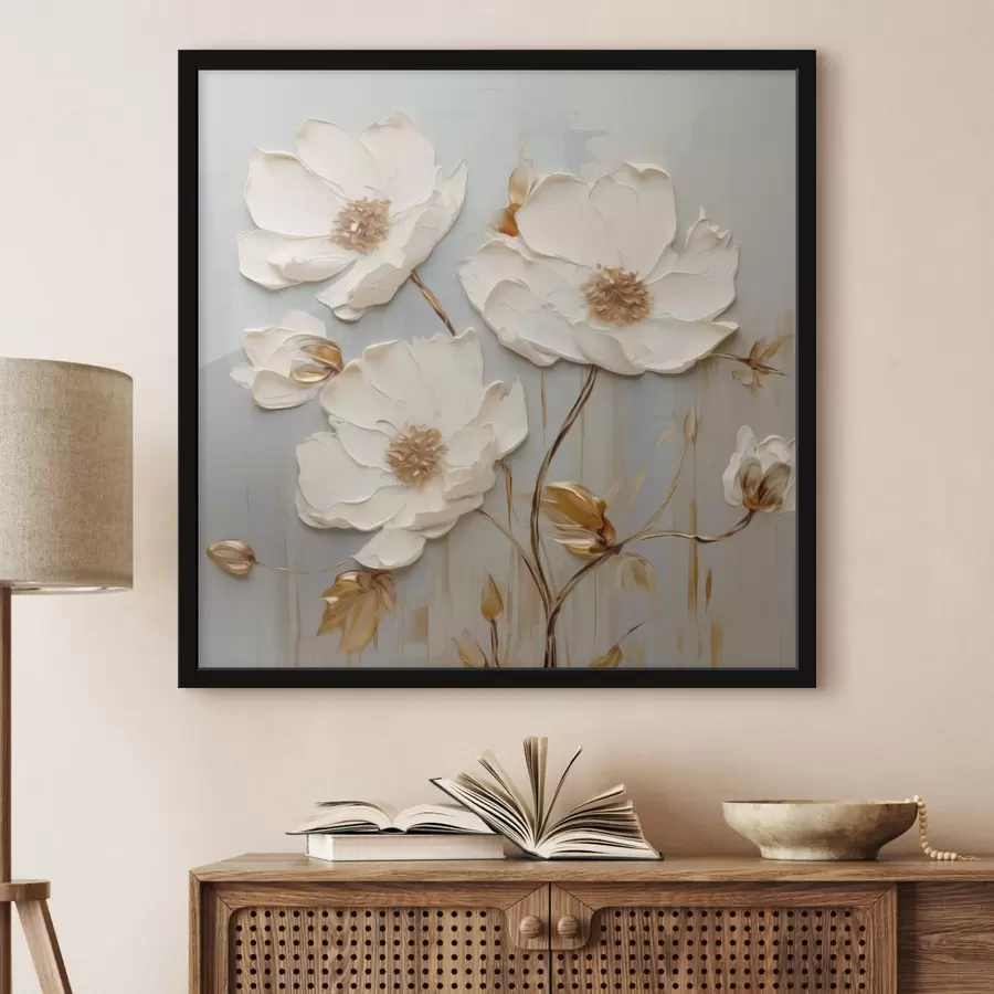 Papier peint photo Fleurs blanches en relief avec des feuilles chaudes f48093