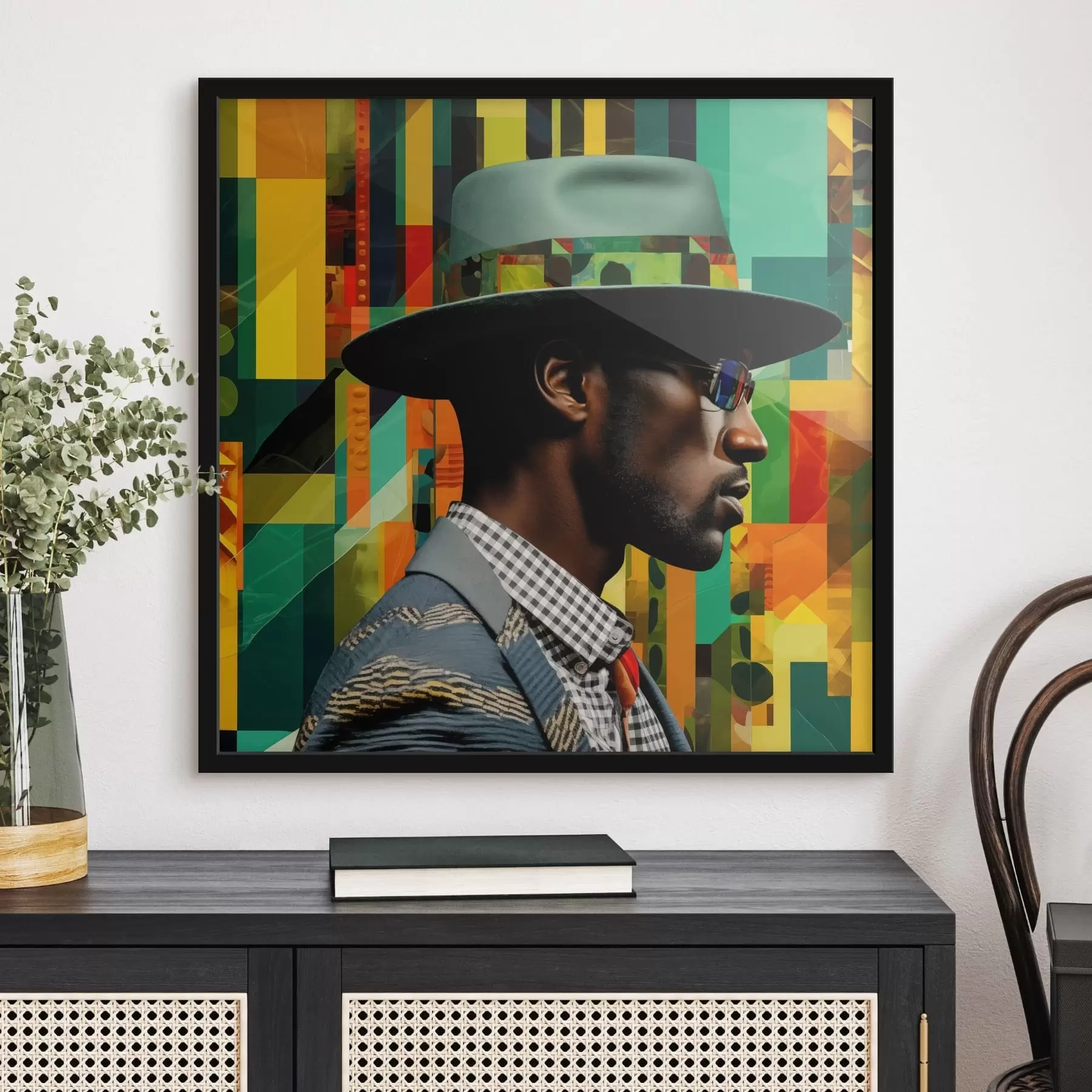 Fotobehang Portret van een man met hoed tegen een levendige achtergrond f48100