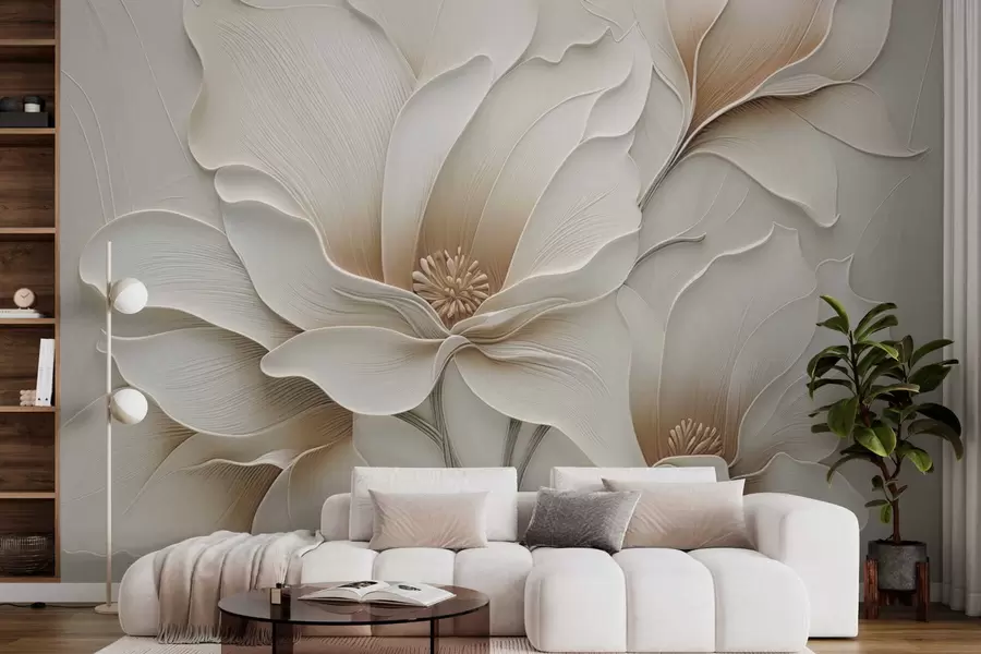 Fotobehang Close-up van beige bloemreliëf in reliëf w05269